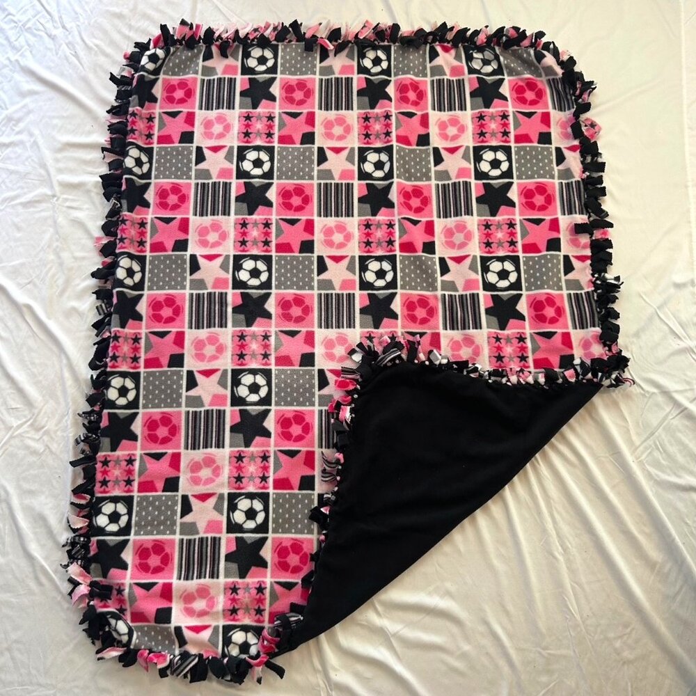 Handmade Reversable Soft Tie Large Throw Fleece Blanket "Soccer Star" w/ Plush